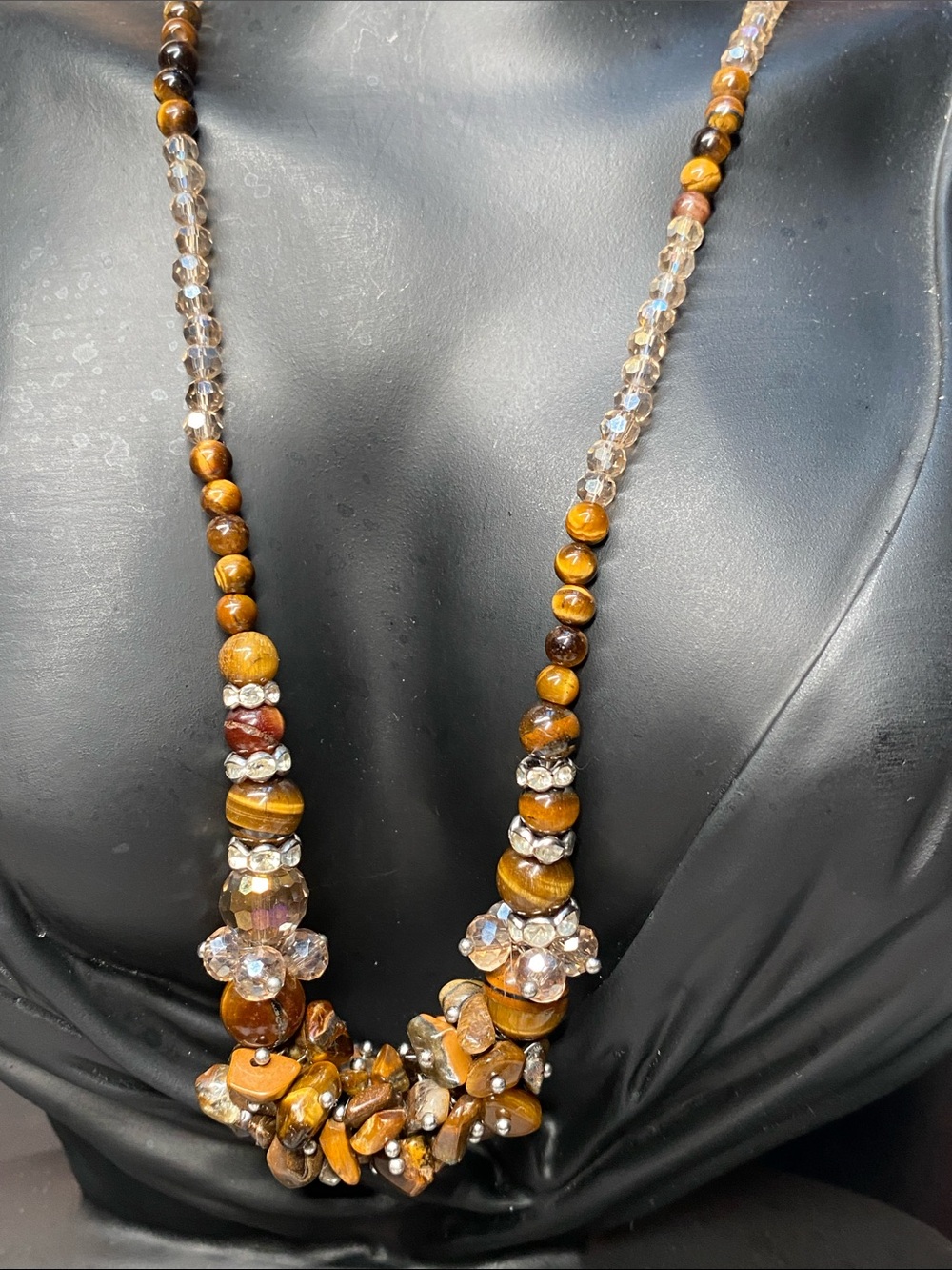 Tiger Eye Beaded Necklace With Crystal Accents